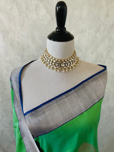 Banarasi Katan pure silk saree | Navy Blue and Parrot Green | Gold & Silver Zari | Kadiyal border | Handwoven | Ships from California